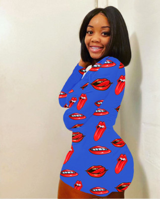 Long Sleeve Tongue Print Bodycon Rompers