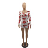 Long Sleeve Tongue Print Bodycon Rompers