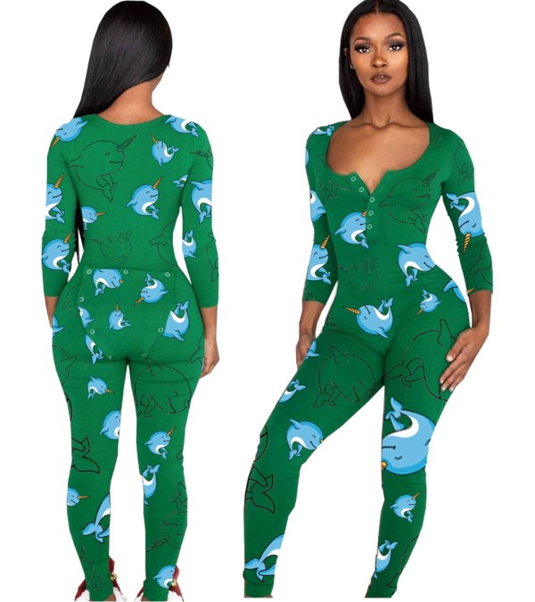 Print Sexy Patch Butt Long Sleeve Pajama Jumpsuit