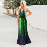 Formal Sequins Green Sleeveless V-Neck Mermaid Evening Dress