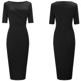 Summer Solid Color O-Neck Office Ruched Midi Dress