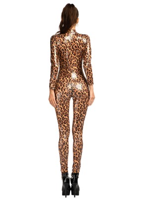 Sexy Leopard Print Leather Jumpsuit with Full Sleeves