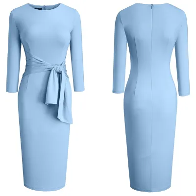Spring Solid Color O-Neck Office Midi Dress with Belt