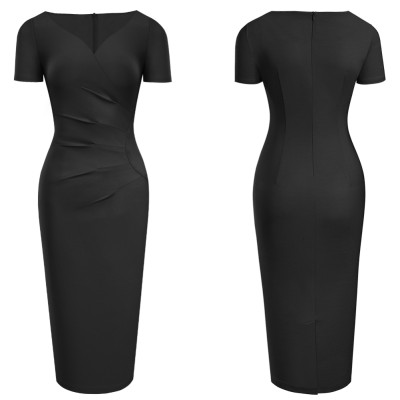 Summer Solid Color V-Neck Pleated Office Midi Dress