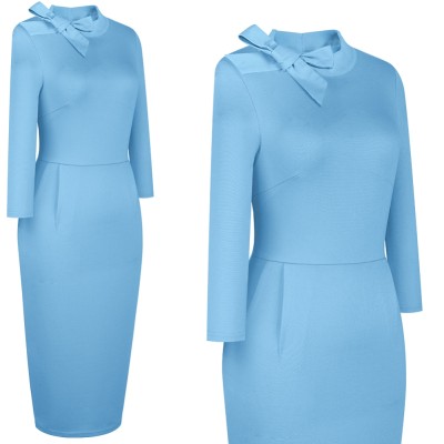 Spring Solid Color Tied Office Midi Dress with 3/4 Sleeves