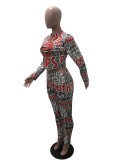 Long Sleeve Full Print Bodycon Crop Top and Pants Set