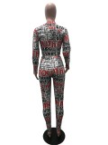Long Sleeve Full Print Bodycon Crop Top and Pants Set