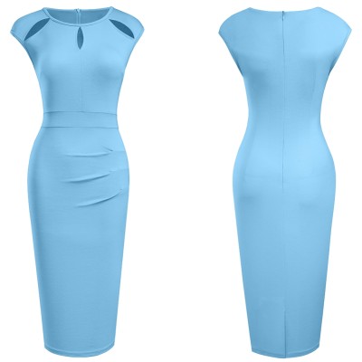 Summer Solid Color Hollow Out Office Midi Dress with Cap Sleeves