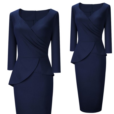 Spring Solid Color V-Neck Office Peplum Midi Dress with 3/4 Sleeves