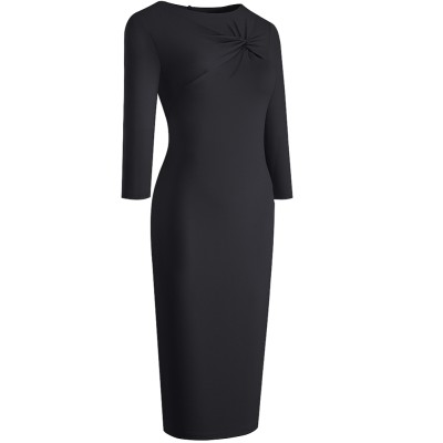 Spring Solid Color O-Neck Office Midi Dress with 3/4 Sleeves