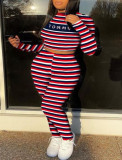 Long Sleeve Stripes Letter Print Bodycon Crop Top and Pants Set