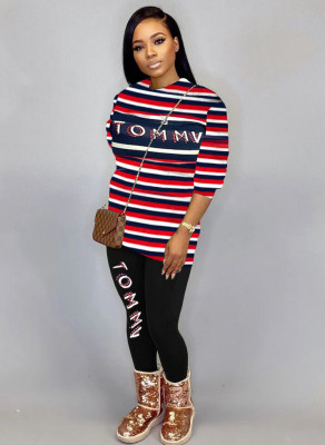 Long Sleeve Stripes Letter Print Fit Shirt and Pants Set