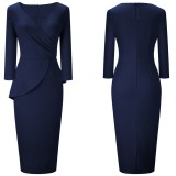 Spring Solid Color V-Neck Office Peplum Midi Dress with 3/4 Sleeves