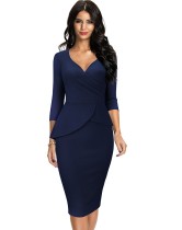 Spring Solid Color V-Neck Office Peplum Midi Dress with 3/4 Sleeves