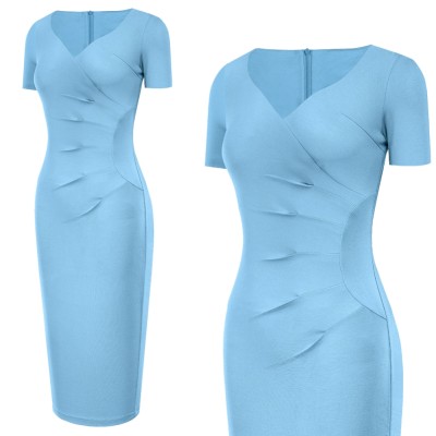 Summer Solid Color V-Neck Pleated Office Midi Dress