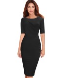 Summer Solid Color O-Neck Office Ruched Midi Dress