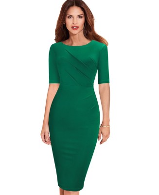 Summer Solid Color O-Neck Office Ruched Midi Dress