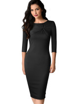 Spring Solid Color O-Neck Office Midi Dress with 3/4 Sleeves