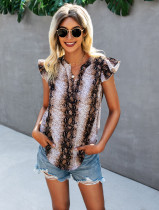 Summer Snake Skin Print V-Neck Shirt with Ruffle Sleeves