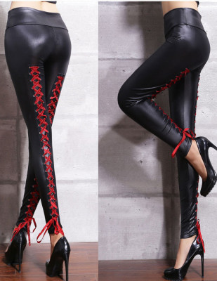 Sexy Black Leather Lace-Up Leggings