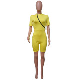Solid Color Sexy Zipped Bodycon Rompers with Short Sleeves