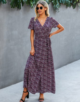 Summer Elegant Floral Wrapped Long Dress with Short Sleeves
