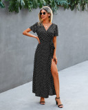 Summer Elegant Polka Wrapped Long Dress with Short Sleeves