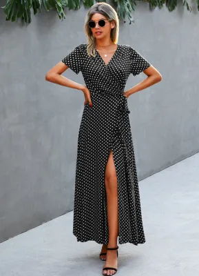 Summer Elegant Polka Wrapped Long Dress with Short Sleeves
