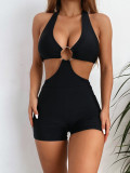 One-Piece Black Cut Out Metal Ring Halter Swimsuit