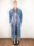 Spring Blue Denim Ripped Long Jacket with Long Sleeves