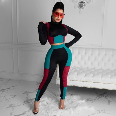 Spring Sexy Two Piece Contrast Bodycon Crop Top and Pants Set
