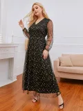 Plus Size Black Beaded Long Sleeve V-Neck Long Formal Dress