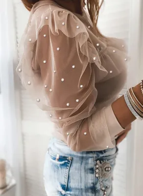 Summer Mesh Patch Beaded Elegant Shirt with Full Sleeves