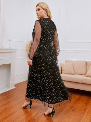 Plus Size Black Beaded Long Sleeve V-Neck Long Formal Dress