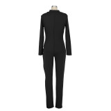 Solid Color Long Sleeve Zip Up Bodycon Jumpsuit