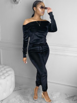 Black Velvet Long Sleeve Off Shoulder Top and Pants Matching Set
