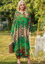 Summer Retro Print Bat Sleeves Boho Dress