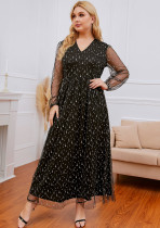 Plus Size Black Beaded Long Sleeve V-Neck Long Formal Dress