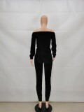 Black Velvet Long Sleeve Off Shoulder Top and Pants Matching Set