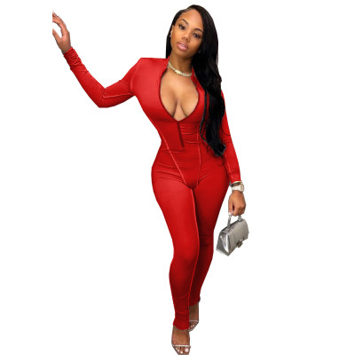 Solid Color Long Sleeve Zip Up Bodycon Jumpsuit