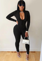 Solid Color Long Sleeve Zip Up Bodycon Jumpsuit