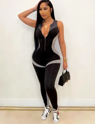 Summer Sleeveless Contrast Zip Up Bodycon Jumpsuit
