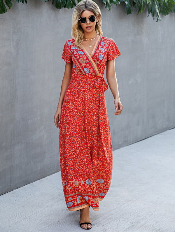 Summer Casual Floral Wrapped Long Dress