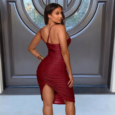 Sexy Plain Ruched Strap Midi Party Dress