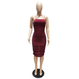 Sexy Plain Ruched Strap Midi Party Dress