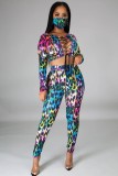 Party Lace-Up Colorful Crop Top and Pants Matching Set with Face Cover