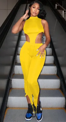 Solid Color Sexy Irregular Crop Top and Pants Set