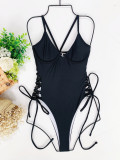 Solid Color One-Piece Lace-Up Strap Swimwear