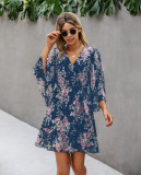 Summer V-Neck Floral Skater Dress with Wide Sleeves