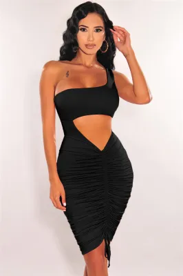 Solid Color Party One Shoulder Drawstrings Dress